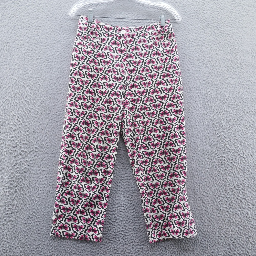 Talbots Petites Womens 4P Butterfly Print Crop Pants Pink Black White Stretch